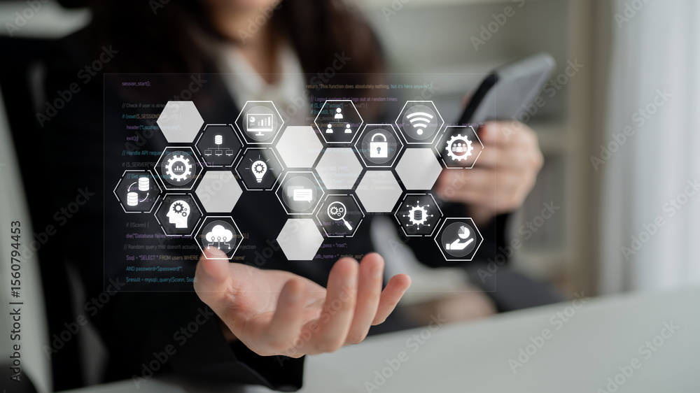 Poster hexagon interface combining ai, data, analytics, and cybersecurity. ai connects systems, data drives