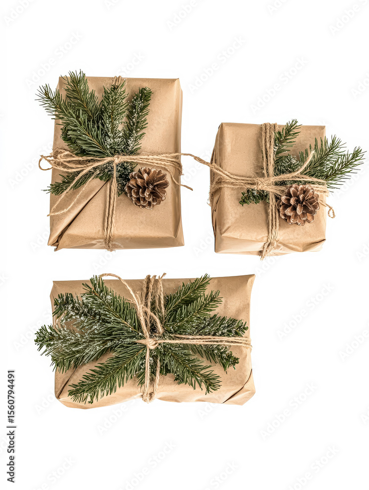 Poster three brown boxes with pine cones on them. the pine cones are tied to the boxes with string