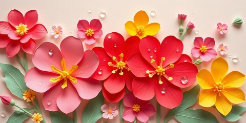 Obraz premium Paper cut spring flowers with water droplets, delicate craft design, poster, colorful