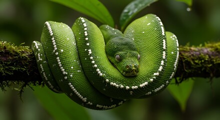Emerald Green Tree Boa Snake Coiled on Branch Stunning Nature Photography