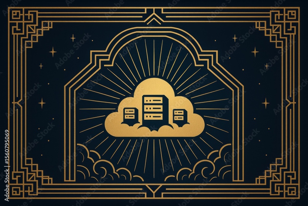 Poster Elegant Art Deco Cloud Computing Design Featuring Server Icons and Radiant Background