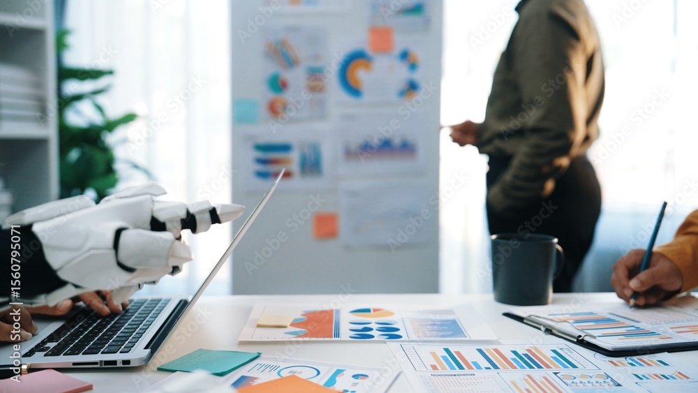 Poster this image captures a modern workspace where human and robot collaboration occurs, featuring data an