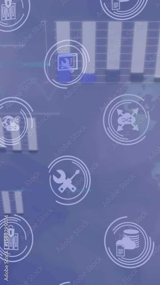 Poster animation of network of icons and data processing on purple background