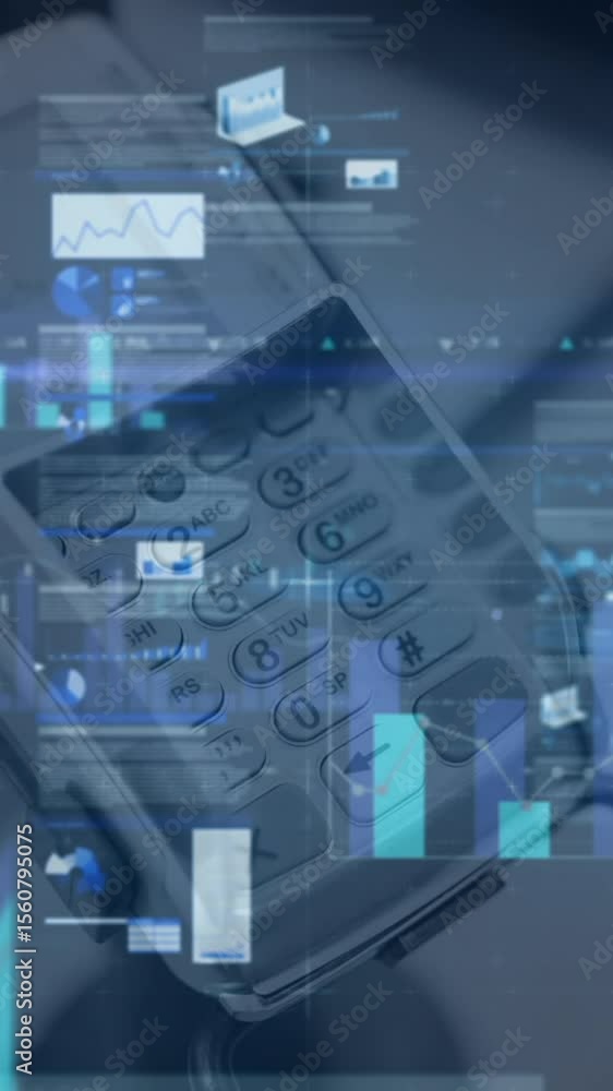 Poster animation of financial data processing over credit card terminal