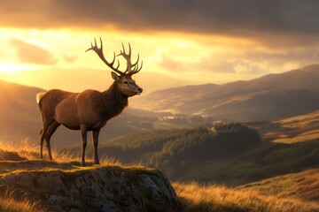 Stag Posing on a Misty Hilltop with a Breathtaking Mountain Backdrop . Wildlife Background