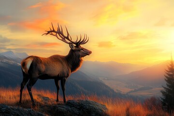 Stag Standing Tall on a Picturesque Hilltop . Wildlife Background