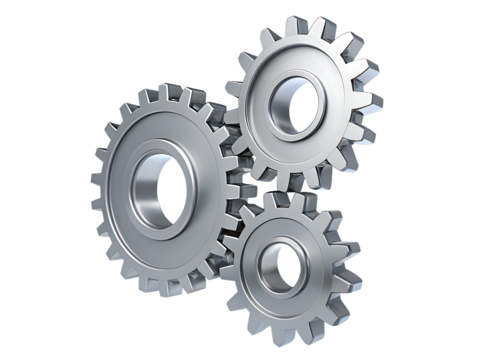 Interlocking metal gears isolated on a transparent background