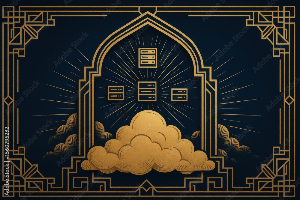Poster Elegant Art Deco Design Featuring Clouds and Data Servers in a Radiant Arch