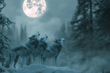 Wolves Traversing an Autumn Woodland in the Golden Sunlight . Wildlife Background