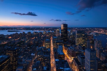 Obraz premium Aerial view of a city skyline at twilight. City lights illuminate the buildings, streets, and waterways. A vibrant mix of blues, purples, and oranges in the sky. 