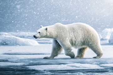 Polar Bear Walking Across Frozen Arctic Ice in the Cold Wilderness . Wildlife Background