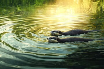 Otters Playfully Floating on a Calm River . Wildlife Background