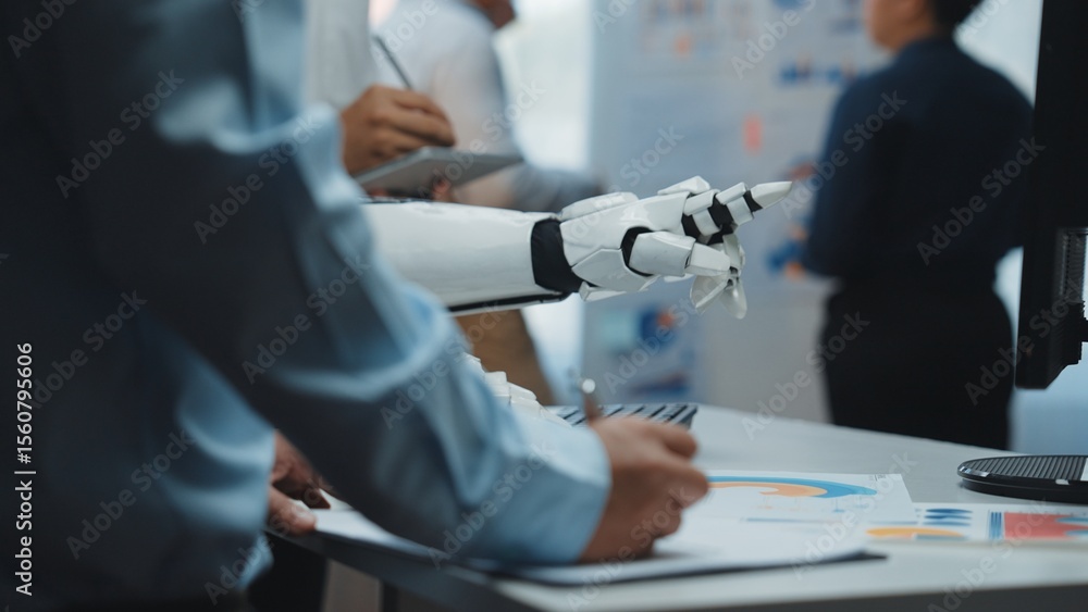 Poster a human hand writing notes while a robotic hand gestures, showcasing collaboration in a modern offic