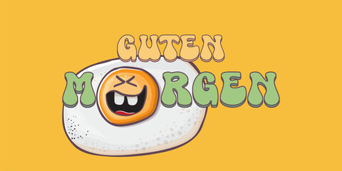 Guten morgen Good Morning in German quote with cute egg character and groovy retro text isolated on pink background. Vector Guten morgen funny slogan and morning cute fried egg. Banner, poster