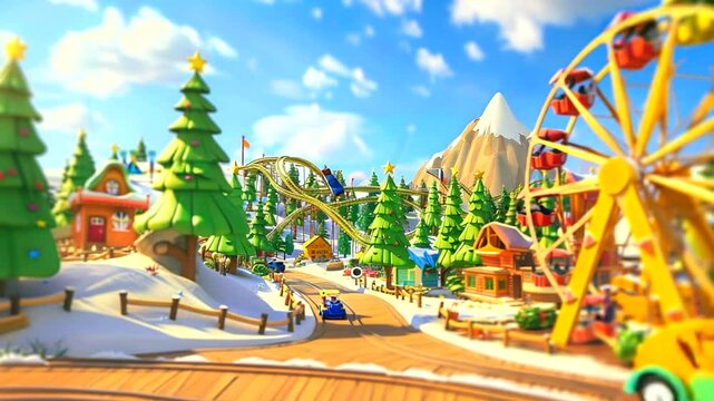 Festive winter wonderland amusement park scene
