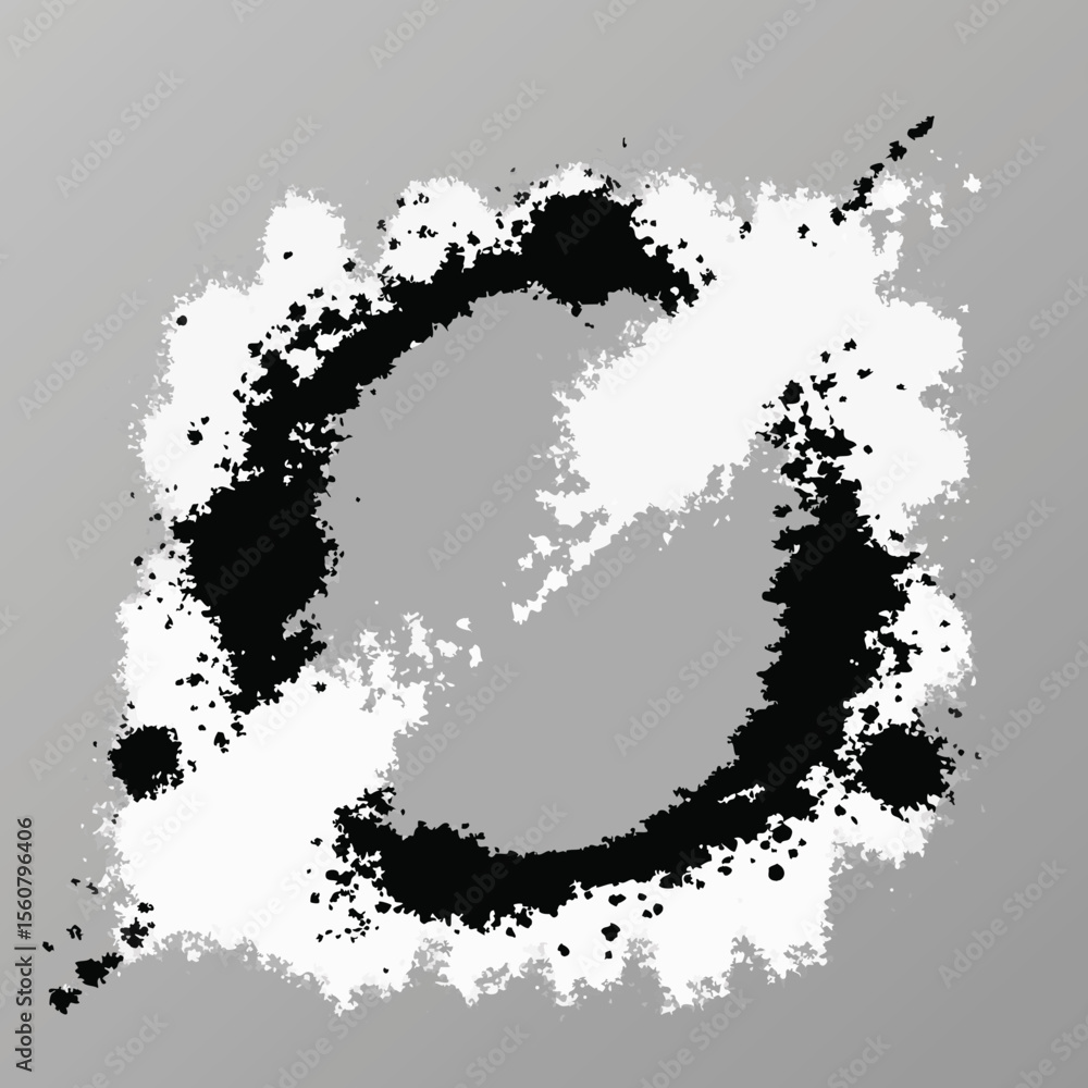 Poster abstract grunge circle in black and white with artistic splatter effect on a gray backdrop