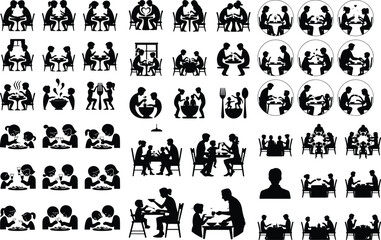 Family Dinner Vector Icons – Togetherness & Dining Silhouettes Family Eating Together Silhouette Set – Warm Meal Time Icons Pack