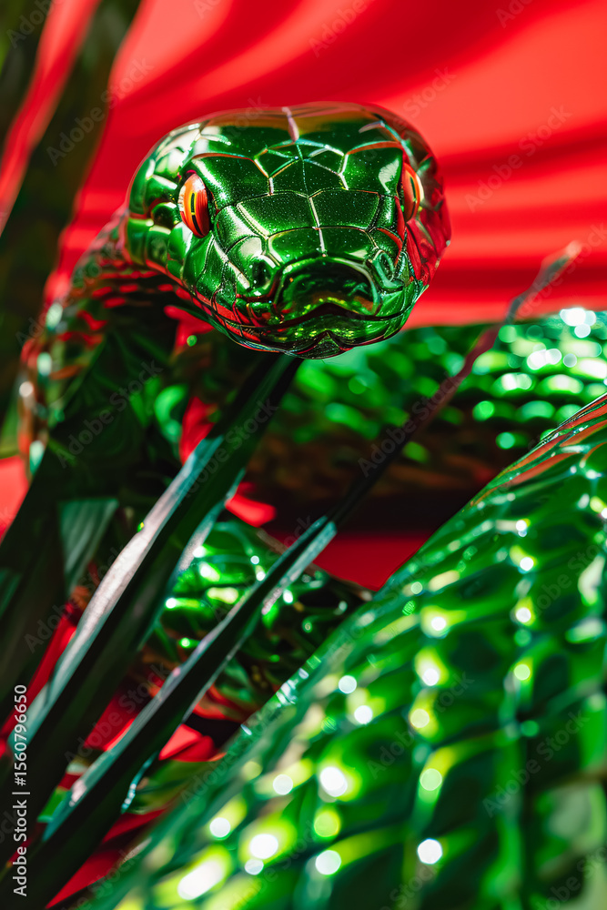 Poster green snake is shown in a close up on a red background. the snake is shiny and he is glowing. the im