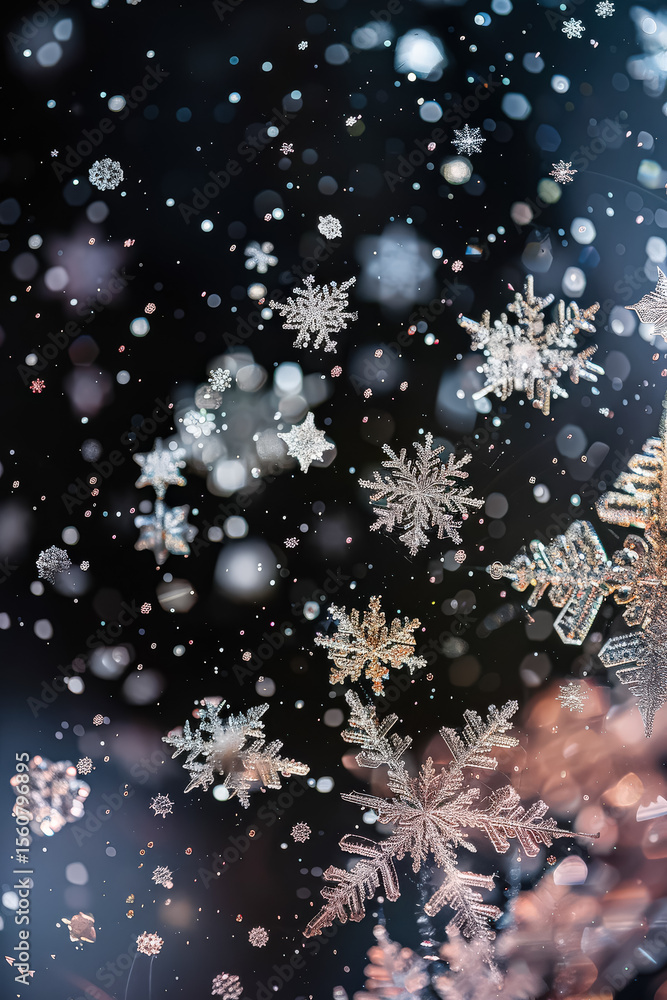Poster snowflake is falling from the sky and is surrounded by other snowflakes. the image has a dreamy and 