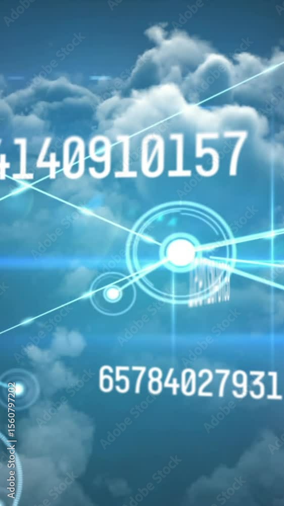 Poster animation of web of connections and scientific data processing over cloudy sky