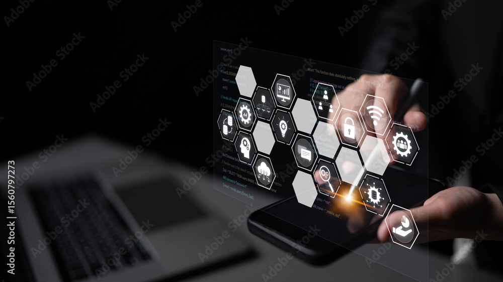 Aufkleber hexagon interface combining ai, data, analytics, and cybersecurity. ai connects systems, data drives