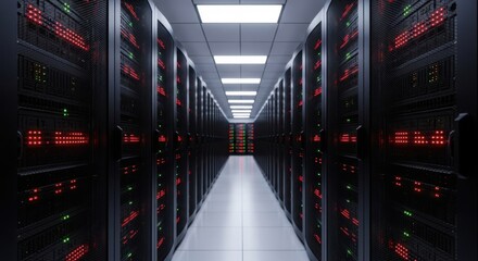 View of a long hallway with rows of server racks in a data center facility