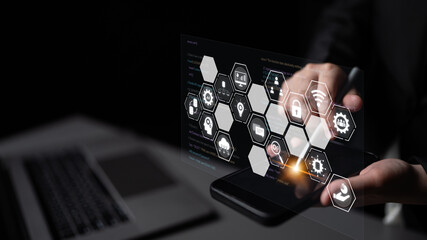 Hexagon interface combining AI, data, analytics, and cybersecurity. AI connects systems, data...