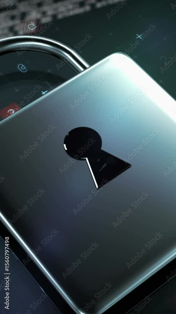 Poster animation of padlock and data processing on black background