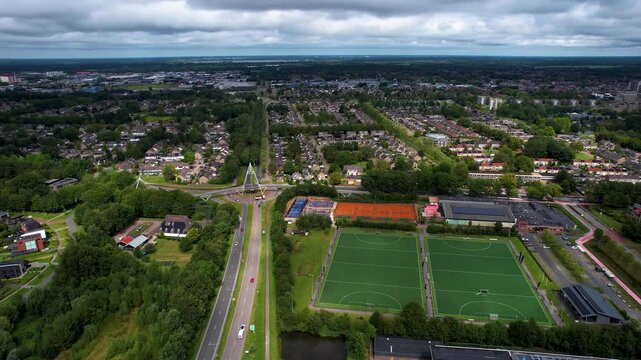 An panorama Aerial view of the old town of the city Drachten in the Netherlands on a sunny day in summer