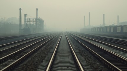 Fototapeta premium Railroad tracks through foggy industrial landscape