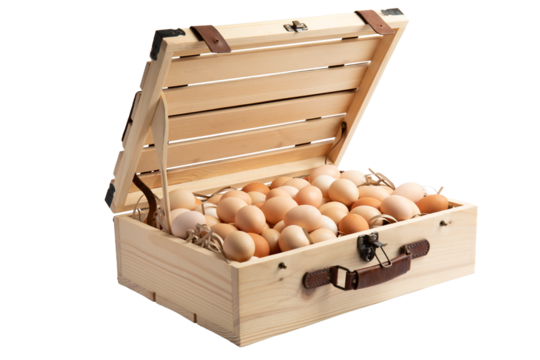 Wooden suitcase full of eggs – front view,  isolated on transparent background, PNG