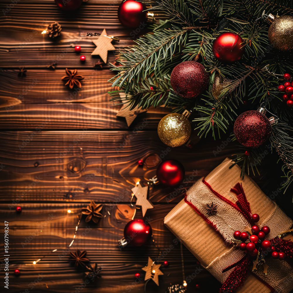 Poster christmas tree with red and gold ornaments and a brown box with a red ribbon. the tree is surrounded