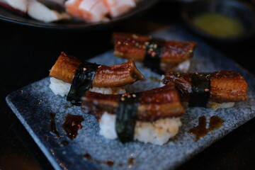 Eel fish sushi, sashimi Nigiri Platter, japanese sushi restaurant, Fresh Tuna and Salmon Slices in...