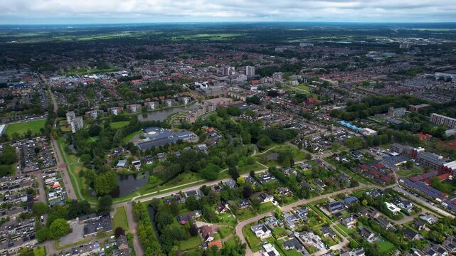 An panorama Aerial view of the old town of the city Drachten in the Netherlands on a sunny day in summer
