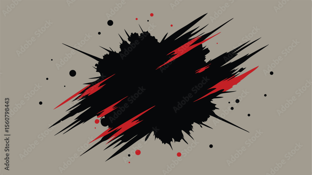 Poster abstract ink splatter burst with sharp spikes and red accents on transparent background