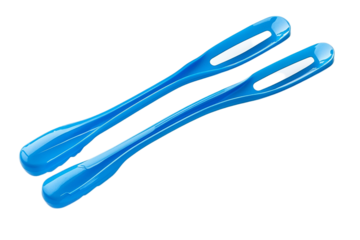 Pair long blue plastic shoehorns on white background