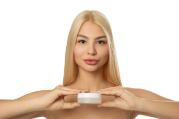Blonde woman holding cosmetic cream container – front view, isolated on transparent background, PNG