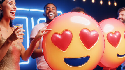 A vibrant and abstract representation of social media and online culture, featuring a mix of real people and oversized, glossy emoji symbols.