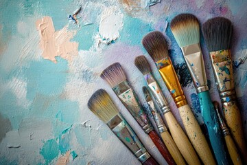 Fototapeta premium Assorted paintbrushes on a textured canvas