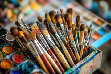 Fototapeta premium Assorted paintbrushes in a wooden box, with colorful paint containers visible in the background