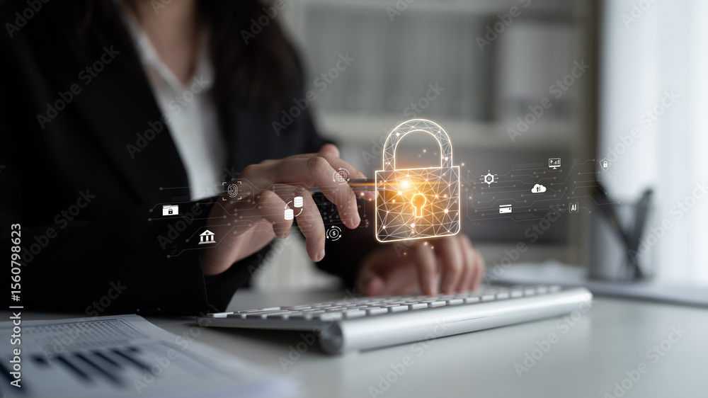 Poster cyber security safeguards data and systems. cyber security uses ai, digital security protects cloud,