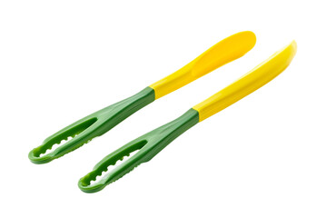 Colorful plastic kitchen tongs utensils isolated white background