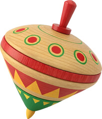 Image is a digital illustration of a colorful spinning top. The top is depicted in a three-dimensional style, showcasing a wooden texture with a smooth, rounded body. It features a vibrant design with