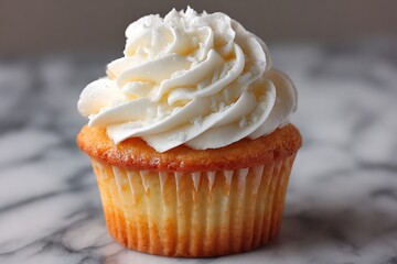 Flavorful cupcake with swirled whipped cream on marble surface  
