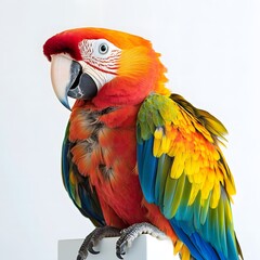 Image of a scarlet macaw isolated on a white background. Cute exotic animals. Beautiful and colorful pets on a white background.
