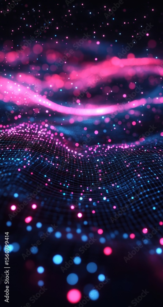 Poster abstract digital landscape of glowing particles. a dark background is filled with a textured, undula