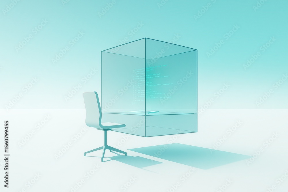 Poster Futuristic Workspace with Transparent Cube and Chair in Minimalist Design