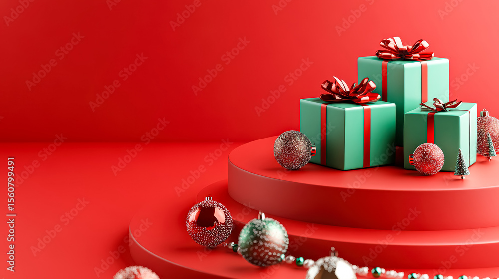 Poster red background with three green boxes and a bunch of christmas ornaments. the boxes are stacked on t