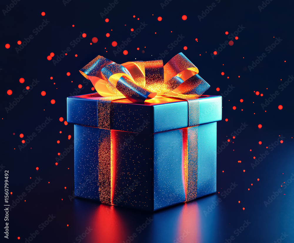Poster blue box with a red ribbon on top of it. the box is lit up and surrounded by a lot of sparkles