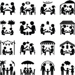 Family Dinner Vector Icons – Togetherness & Dining Silhouettes Family Eating Together Silhouette Set – Warm Meal Time Icons Pack
